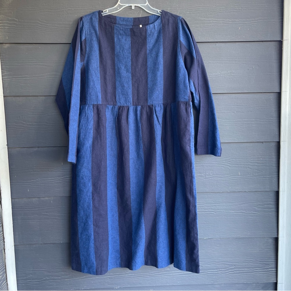 Ichi antiquities blue stripe oversized dress OSFM lagenlook Japan linen 1J